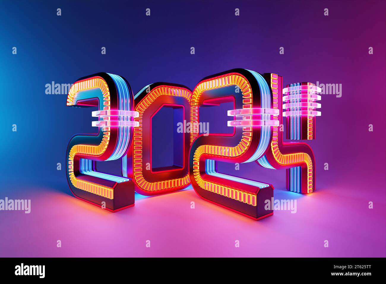 Bienvenido concepto creativo 2024. Feliz Año Nuevo 2024 con luz de neón. Texto 3D excepcional sobre fondo colorido, ilustración 3D. Foto de stock