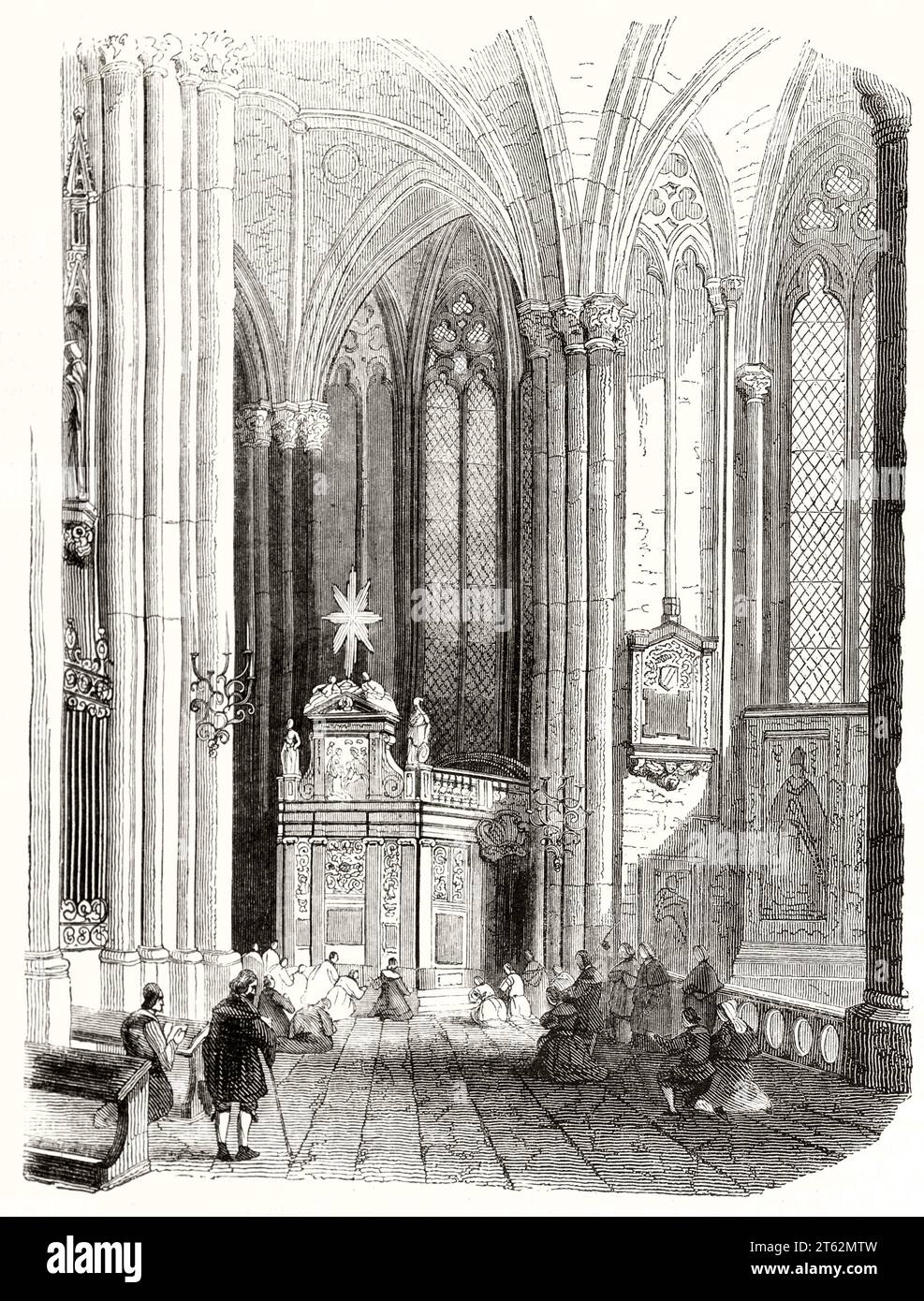 Vista antigua del interior de la catedral de Colonia, Alemania. Por autor no identificado, publ. En Magasin pittoresque, París, 1849 Foto de stock