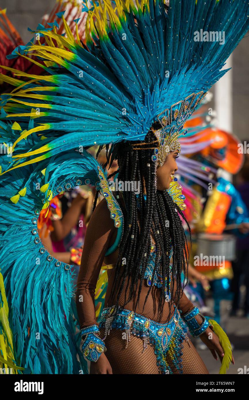Adolescente brasileño tiene una gran sonrisa en su rostro. Mujer disfraces  para el Carnaval de Brasil. Máscara azul y falda tutú de ballet. Concepto  de celebración, Ma Fotografía de stock - Alamy