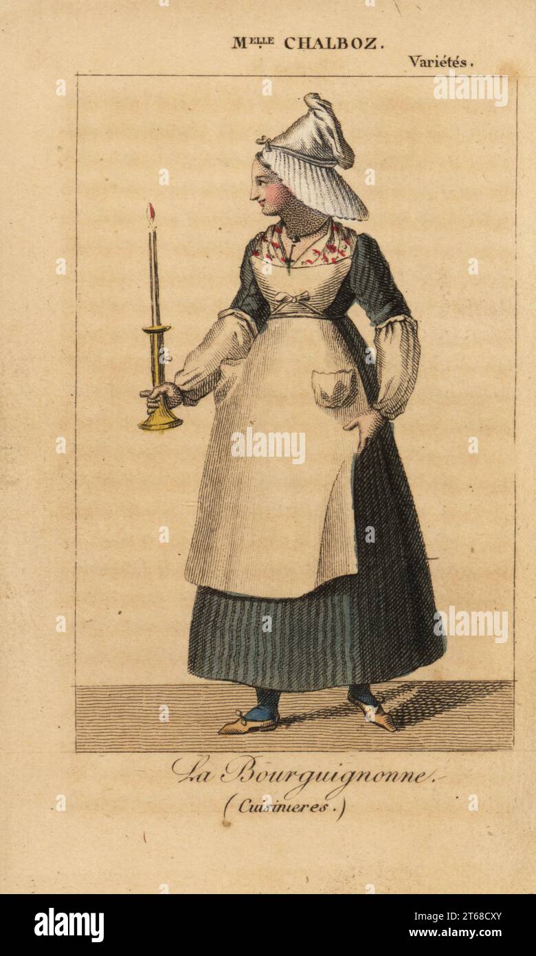 Mlle Fanny Chalboz como la Bourguignonne en la obra Cuisinieres de Nicholas Brazier en el Teatro des Varietes, 1822. Grabado de copperplate coloreado de Almanach des Spectacles par K.Y.Z de Charles Malo, Chez Janet, París, 1823. Foto de stock