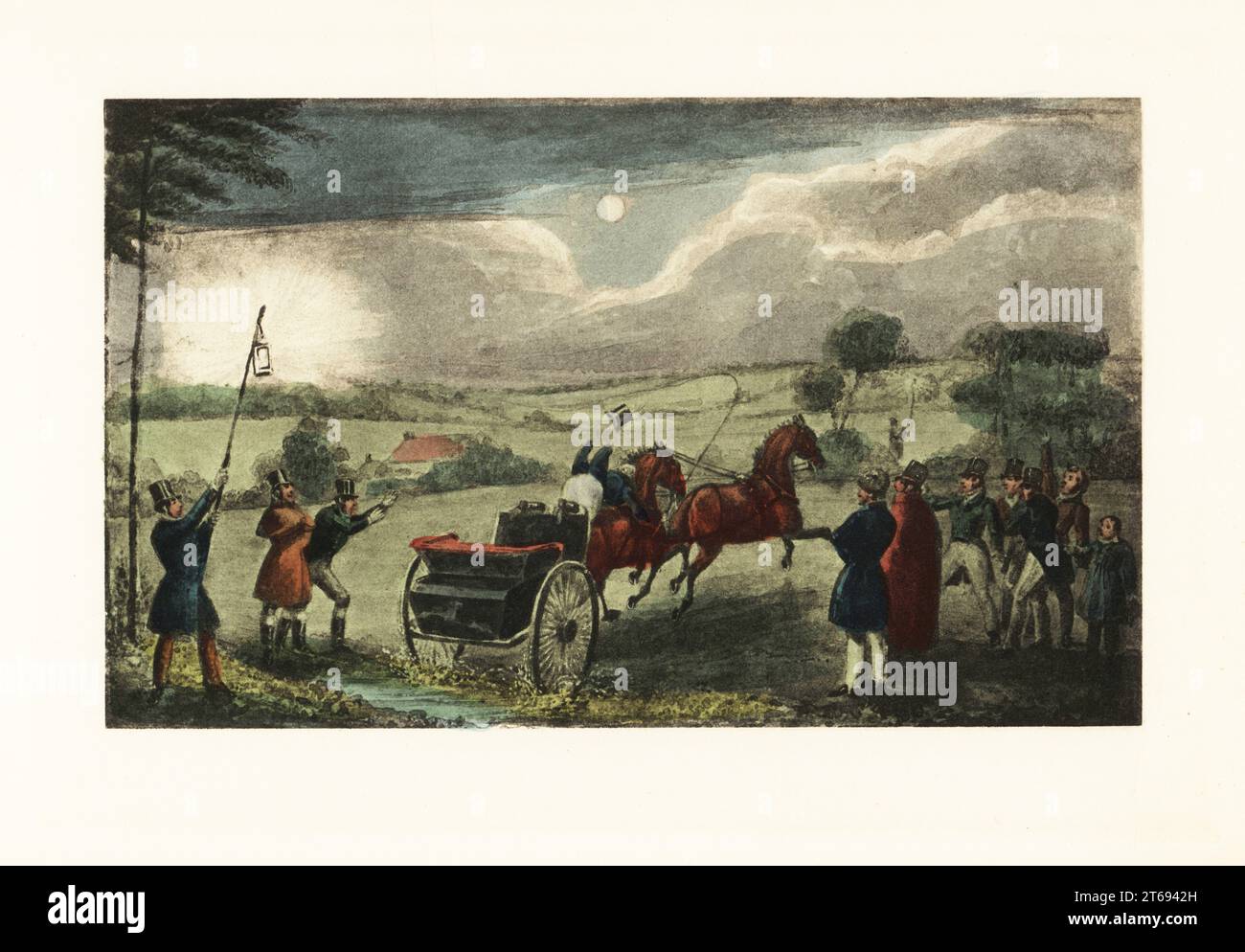 Caballero inglés conduciendo un tándem a través del país a la luz de la luna y linternas. Mytton, borracho, llevó a casa de Cronkhill para una apuesta. Cómo cruzar un país cómodamente después de la cena. Facsímil cromolitográfico de una ilustración de Henry Thomas Alken de Memorias de la vida del difunto John Mytton de Nimrod alias Charles James Apperley, Kegan Paul, Londres, 1900. Foto de stock