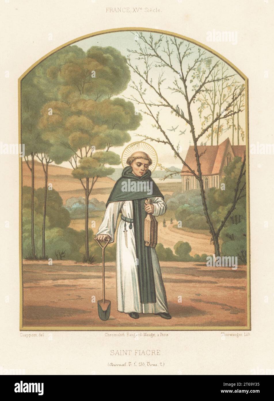 San Fiacre de Breuil con pala y bolsa de semillas. Sacerdote católico, abad, ermitaño y jardinero, c. 600-670. Tomado de un libro de horas del siglo XV, livre d'heures, MS Tl 255, Tom. 2, Biblioteca de l'Arsenal. Cromolitografía de Thurwanger después de una ilustración de Claudio Joseph Ciappori de Charles Louandres Les Arts Somptuaires, The Sumptuary Arts, Hangard-Mauge, París, 1858. Foto de stock