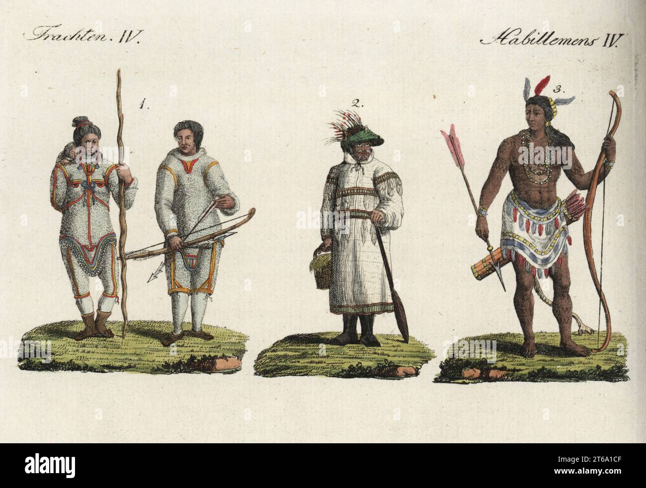 Trajes de la gente de América, siglo 18th. Hombre y mujer inuit de Groenlandia en parka de piel de mar, armados con arco, flecha y lanza 1, hombre aleutiano en piel de mar y abrigo de piel de pájaro, sombrero de caza unangan, piercings faciales, sosteniendo una paleta de kayak 2, hombre nativo americano algonquino de Virginia con tocado de plumas, tatuajes, mantel con cola de animal, armado con arco y flechas 3. Grabado de copletina a mano de color del Bilderbuch fur Kinder de Friedrich Johann Bertuch (libro de fotos para niños), Weimar, 1792. Foto de stock