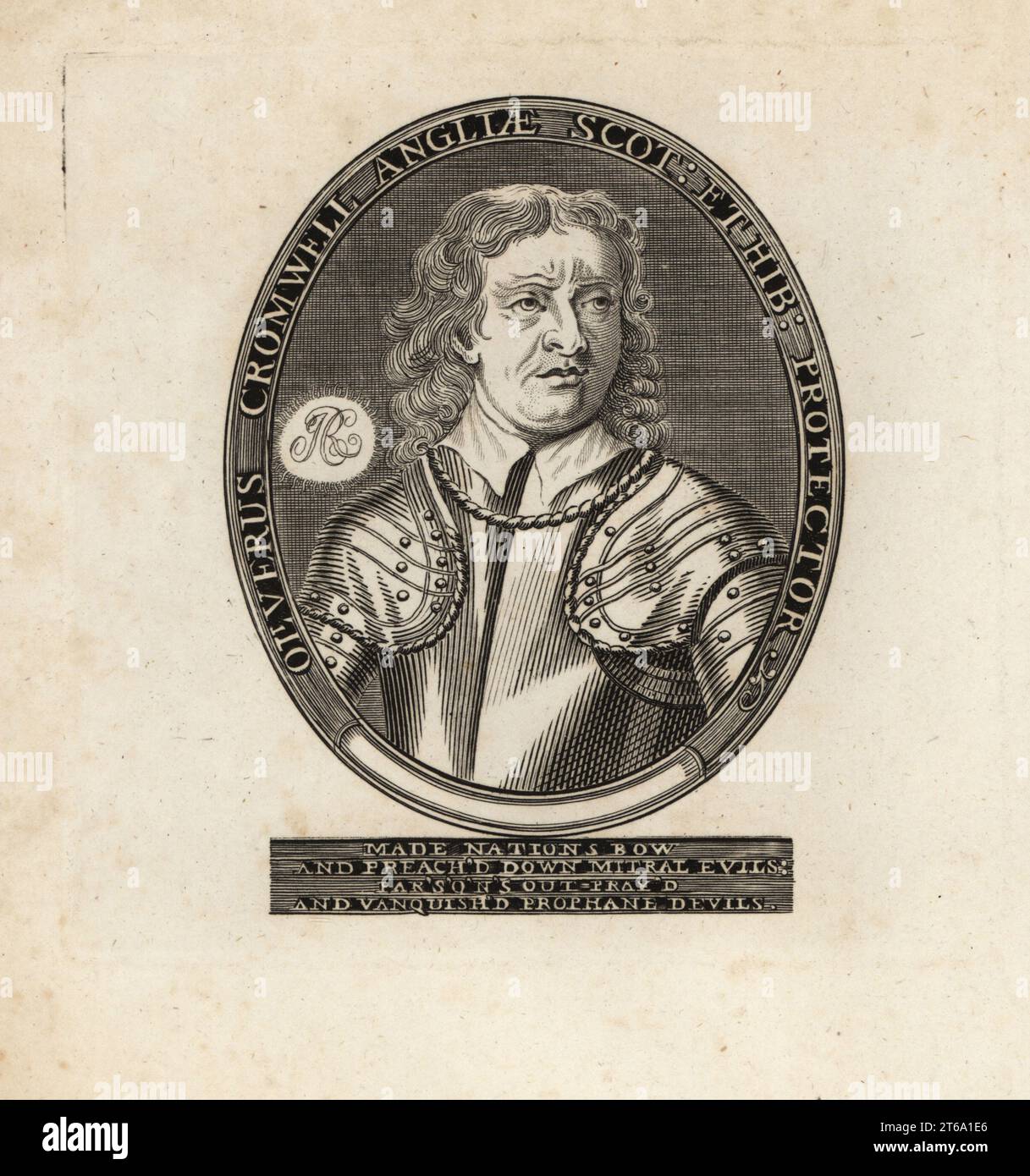 Retrato ovalado de Oliver Cromwell, Lord Protector de Inglaterra y Escocia, Angliae Scot: Et Hi: Protector. En traje de armadura sobre camisa con cuello. las naciones se inclinaron y predicaron los males mitrales: Parsons oró y vanquishd demonios profanos. Grabado de cobre publicado en Londres, siglo XIX. Foto de stock