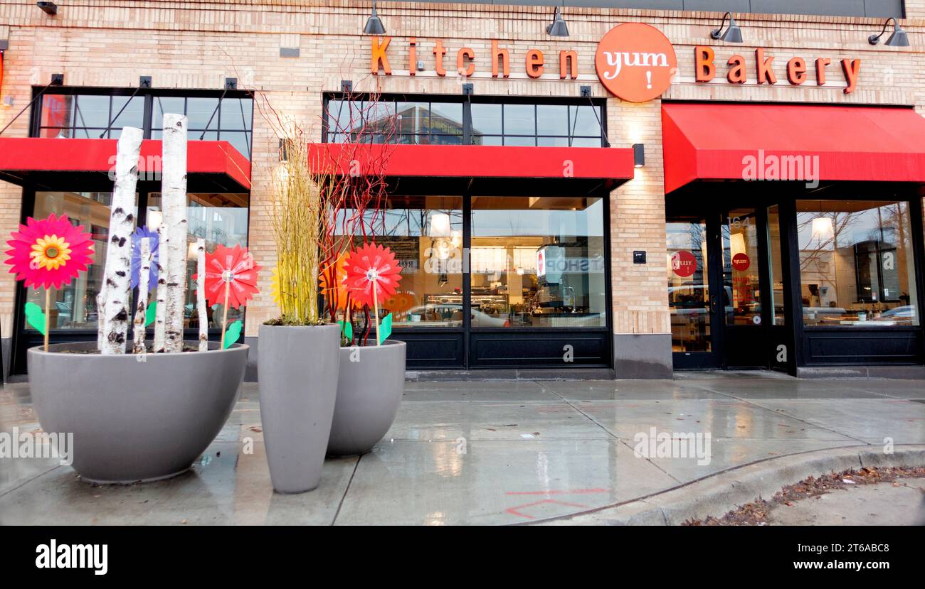 ¡Hermosas y grandes macetas de acera decoradas con troncos de abedul y grandes margaritas de plástico de colores fuera de yum! Cocina y panadería. St Paul Minnesota MN Estados Unidos Foto de stock