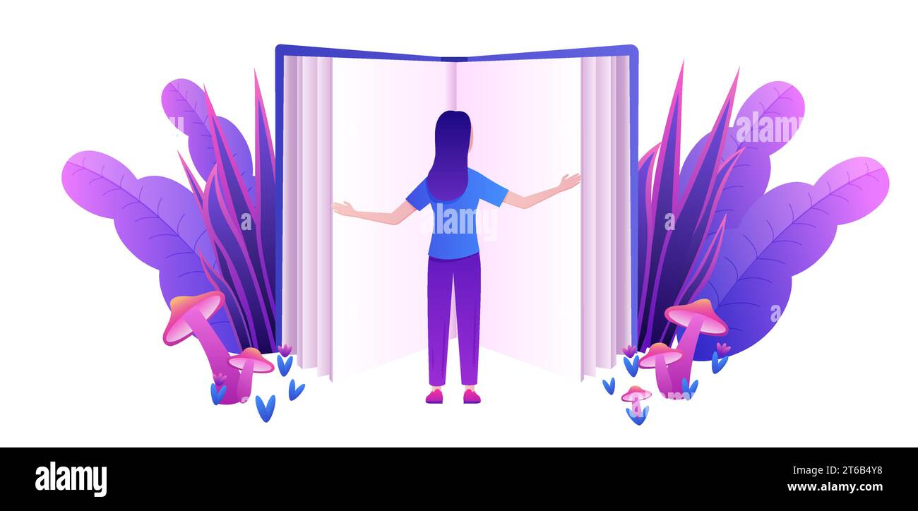 Mujer pequeña de dibujos animados que lee una fantasía abierta enorme libro de fantasía aislado ilustración vectorial Ilustración del Vector