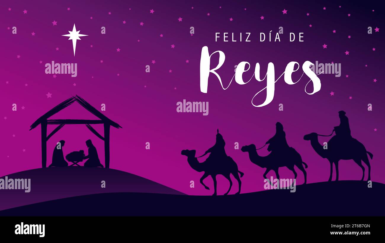 Feliz Dia de Reyes Happy Epiphany, escrito en español. Natividad