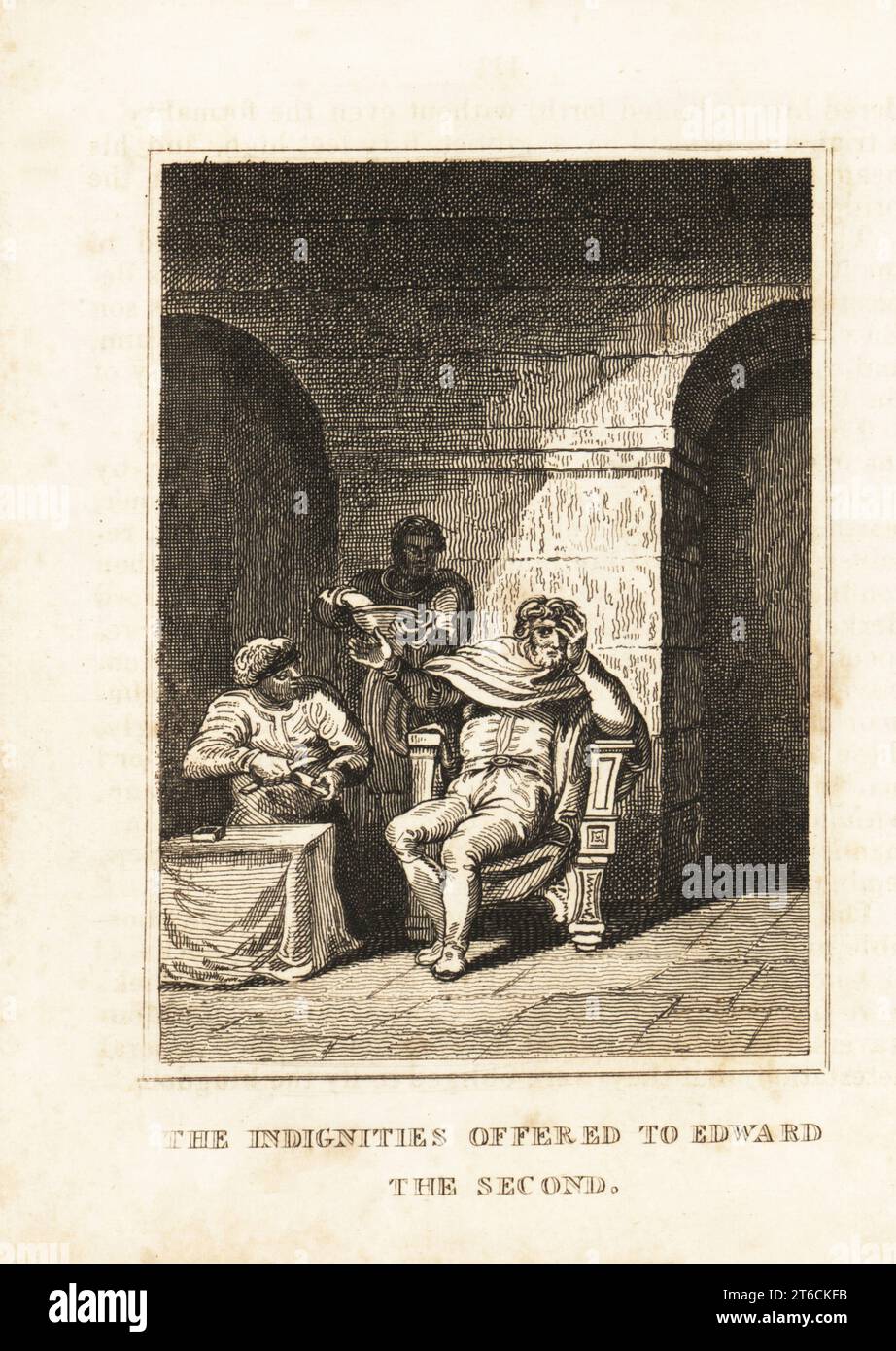 El rey Eduardo II con sus asesinos Thomas de Gournay y John Montravers en el castillo de Berkeley, 1327. Uno afilará una hoja y otro sostendrá un tazón. Las indignidades ofrecidas a Eduardo II. Grabado en placa de cobre de M. A. Jones Historia de Inglaterra desde Julio César hasta Jorge IV, G. Virtue, 26 Ivy Lane, Londres, 1836. Foto de stock