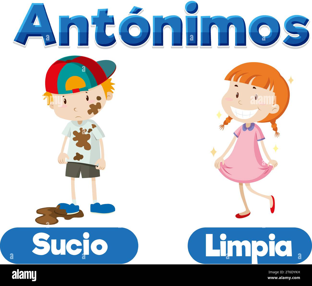 Una ilustración vectorial de dibujos animados de antónimos en idioma español sucio y limpio