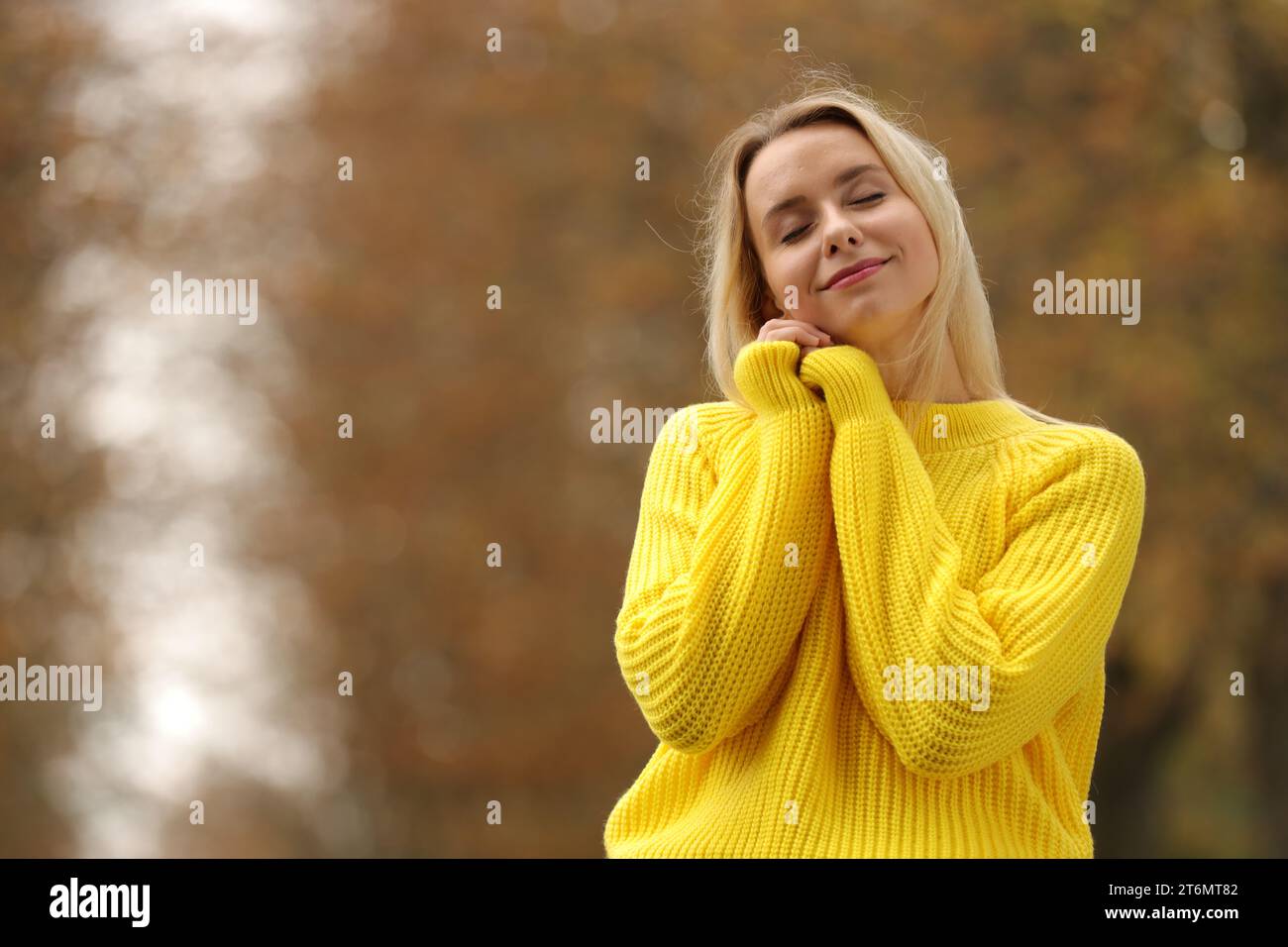 Vibraciones de otoño. Retrato de mujer hermosa al aire libre. Espacio para el texto Foto de stock