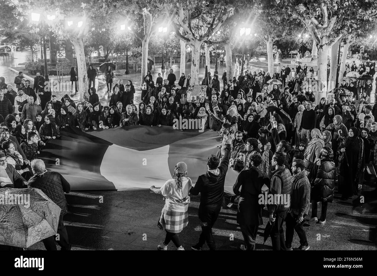 La Rioja, 2 de diciembre de 2023 - Demostración de un grupo de palestinos pidiendo el fin de los ataques israelíes. Foto de stock