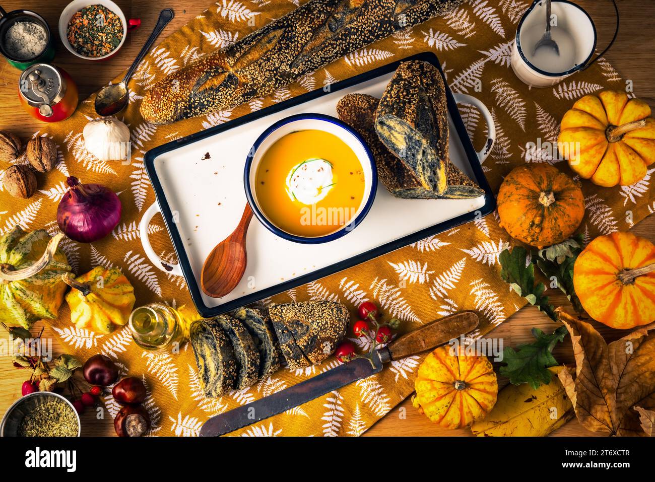 Otoño comida vegetariana saludable sopa de crema de calabaza con hierbas y verduras, fondo de comida de acción de gracias Foto de stock