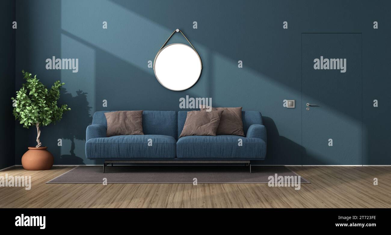 Sala de estar moderna azul con sofá moderno y puerta invisible-3d renderizado Foto de stock