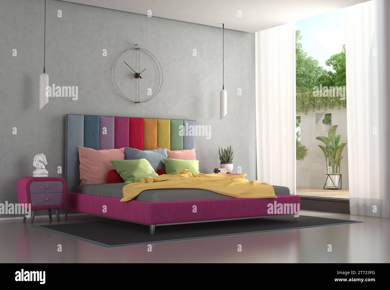 Cama doble con cabecera de colores y mesita de noche en un dormitorio moderno - representación 3D. Foto de stock