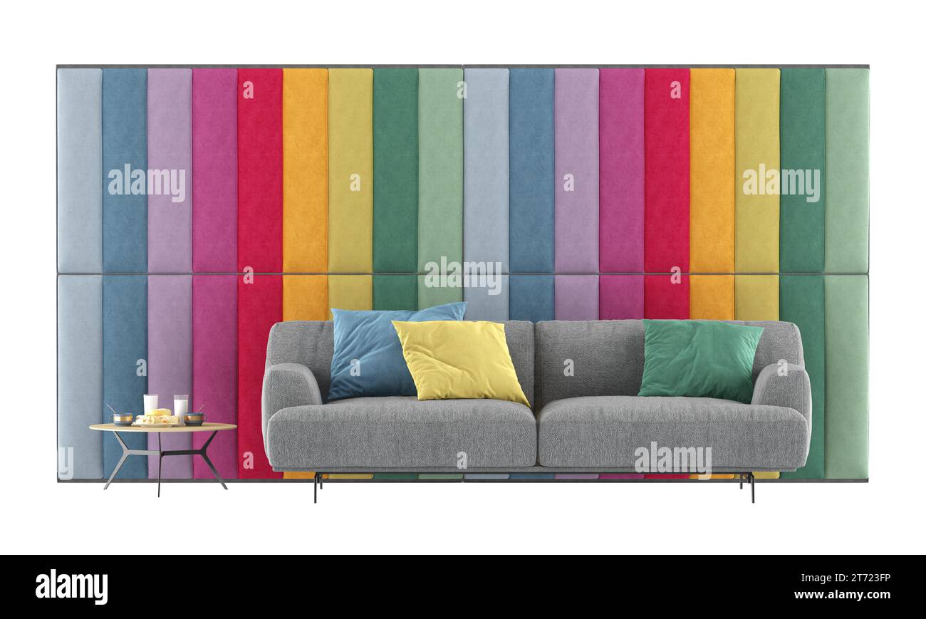 Paneles de tela colorida con sofá gris y mesa de centro aisladas sobre fondo blanco - representación 3D. Foto de stock