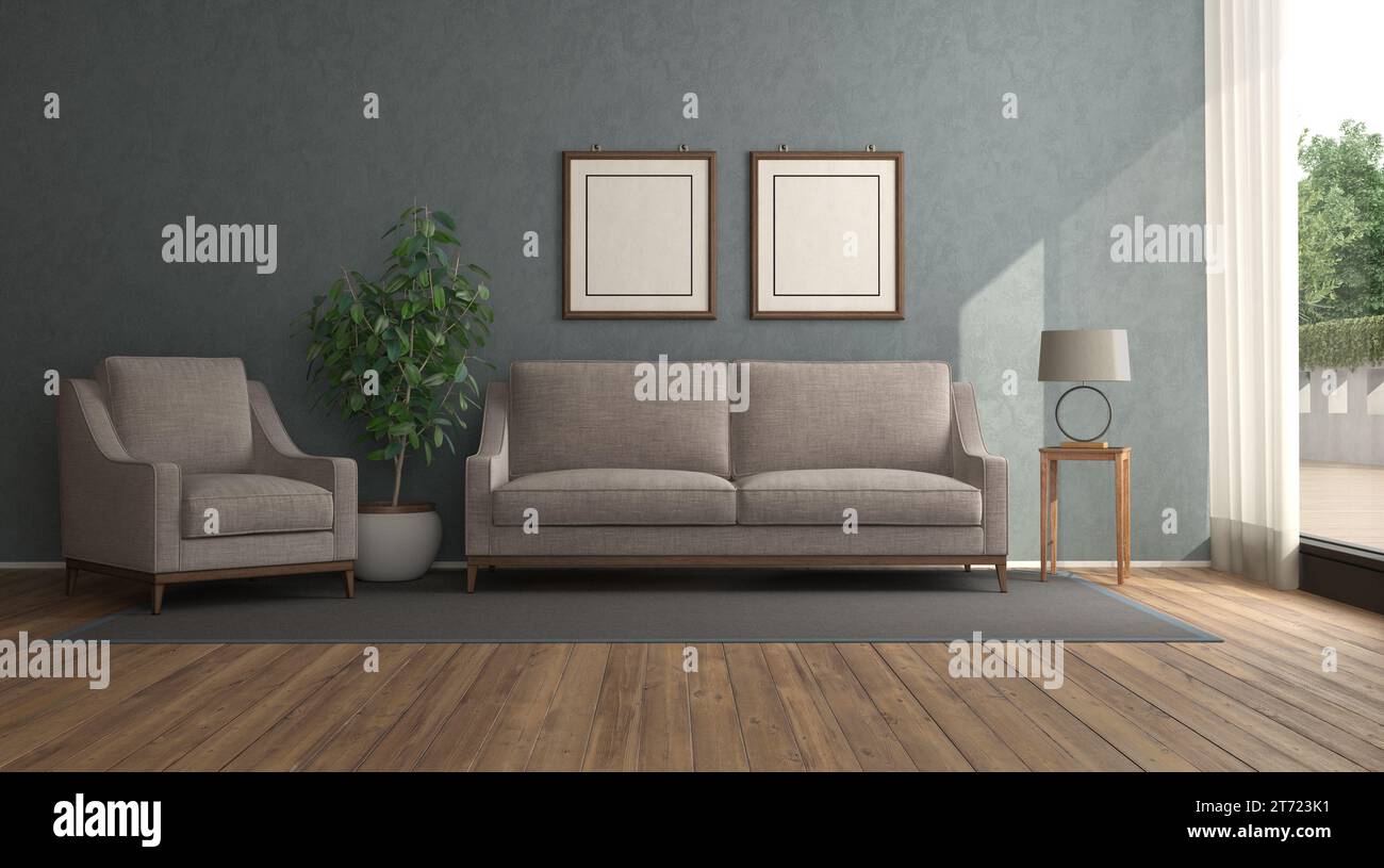 Elegante sala de estar con sillón, sofá y planta de interior - 3d renderizado Foto de stock