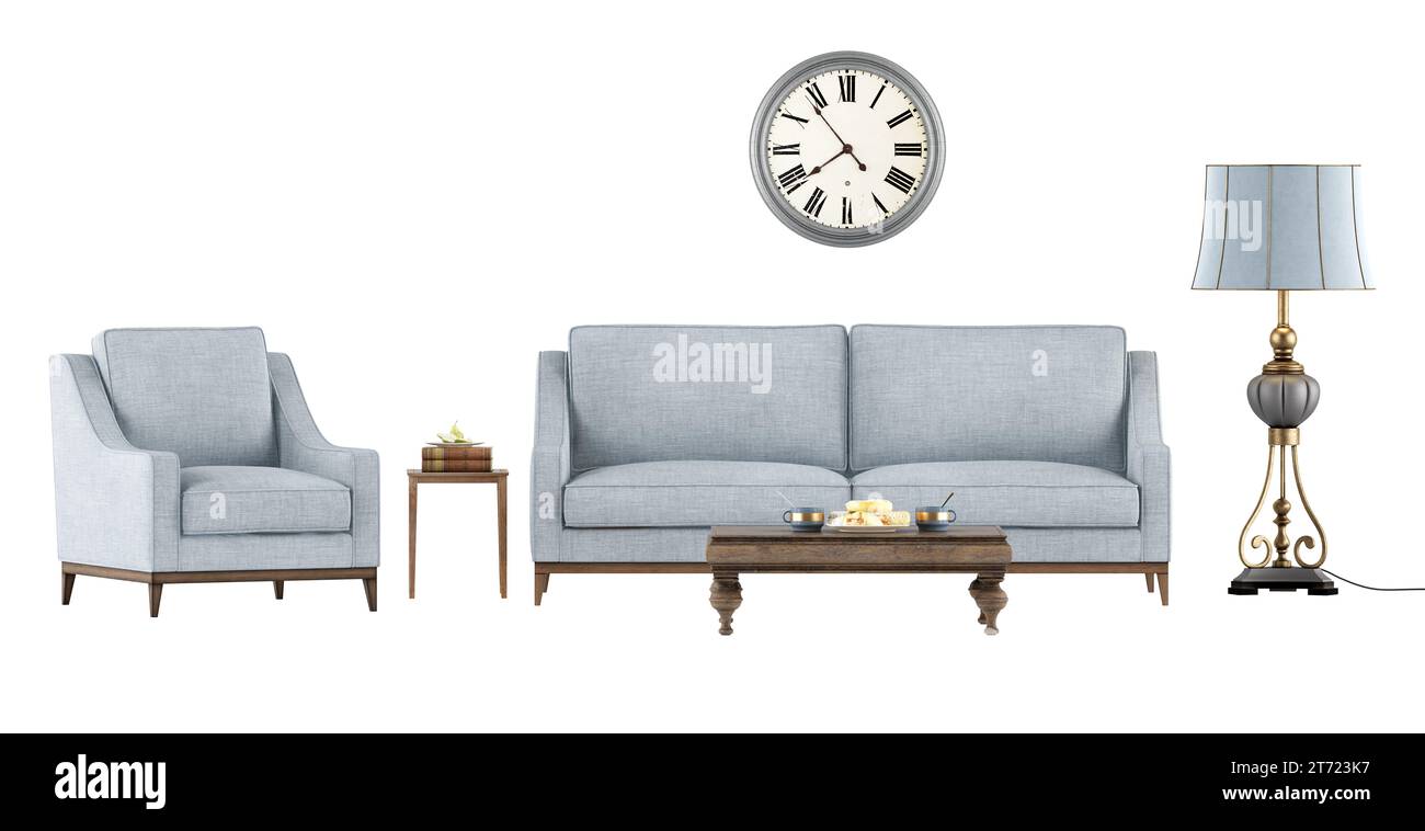 Sofá de estilo clásico, sillón, mesa de centro y lámpara de pie aisladas en la representación 3d de fondo blanco Foto de stock