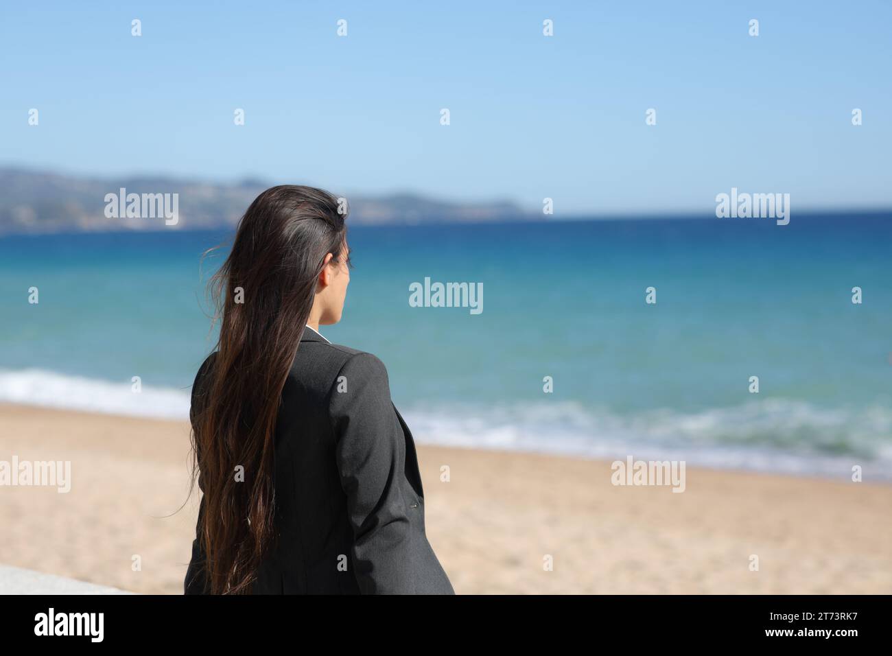 Individual ejecutivo relajante contemplando el océano sentado en la playa Foto de stock