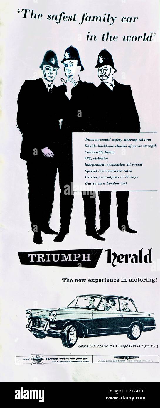Un anuncio vintage de 1960 que proclamaba el Triumph Herald como "el coche familiar más seguro del mundo". Foto de stock
