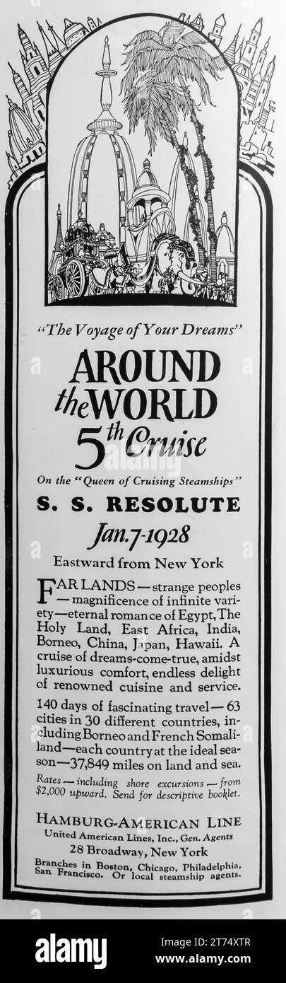 1927 crucero alrededor del mundo en el barco de vapor S.S. Resolute el 7 de enero de 1928 hacia el este desde Nueva York ad Foto de stock