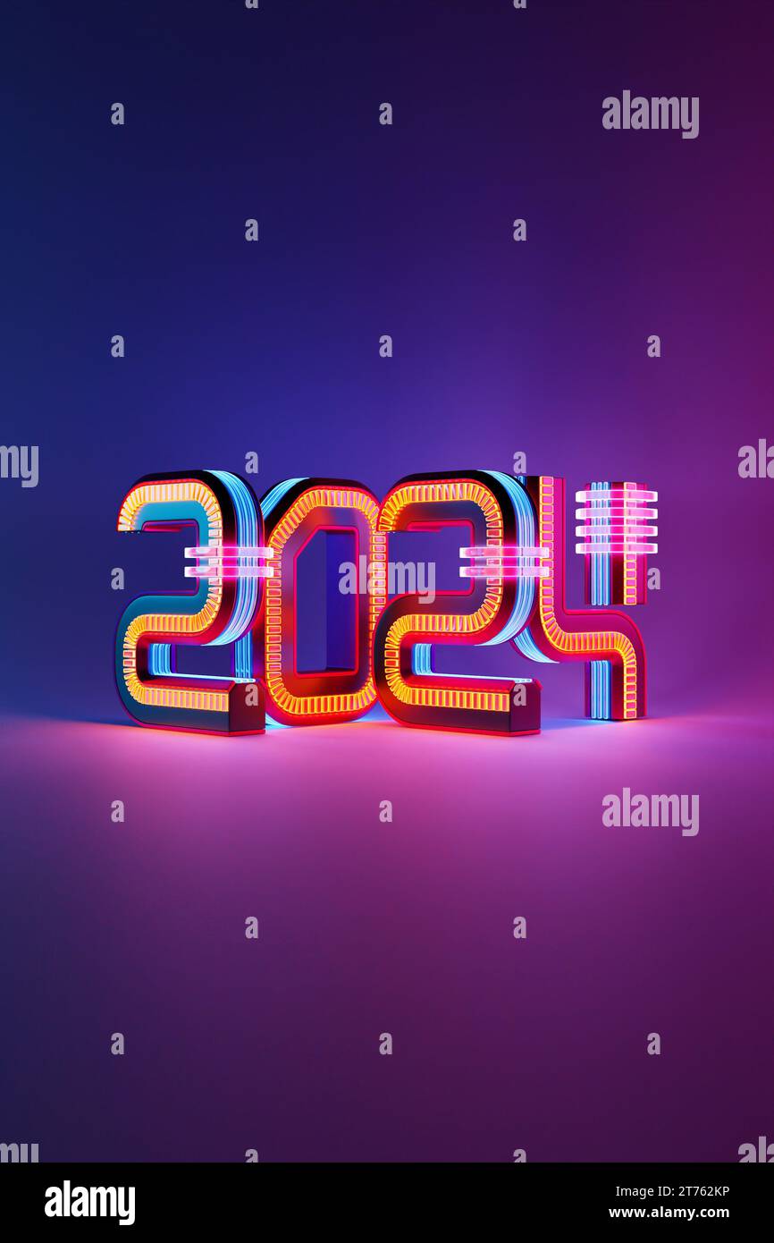 Número de encabezado del calendario 2024 sobre fondo rosa y azul. Feliz año nuevo 2024 fondo colorido. Foto de stock