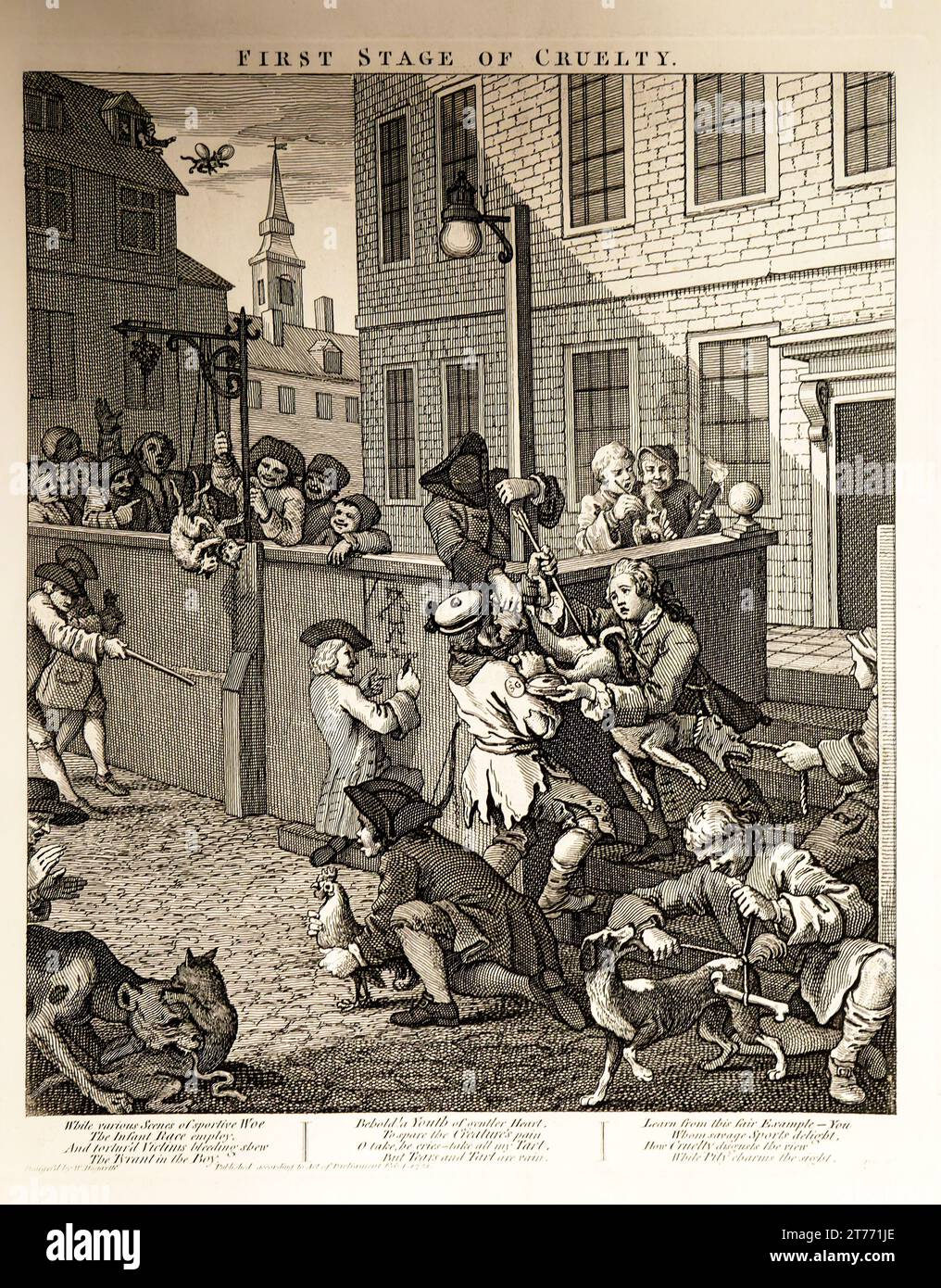 Grabado de dibujos animados 'First Stage of Cruelty' por William Hogarth 1751 Foto de stock