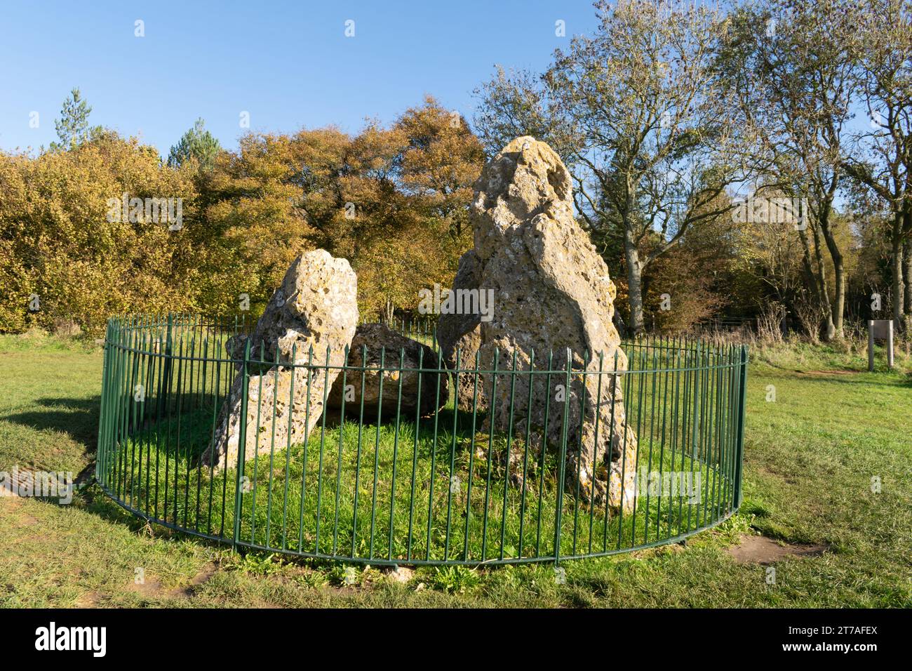Los Rollright Stones, los Whispering Knights, cámara funeraria neolítica. Otoño.Long Compton, Warwickshire, Reino Unido. Foto de stock
