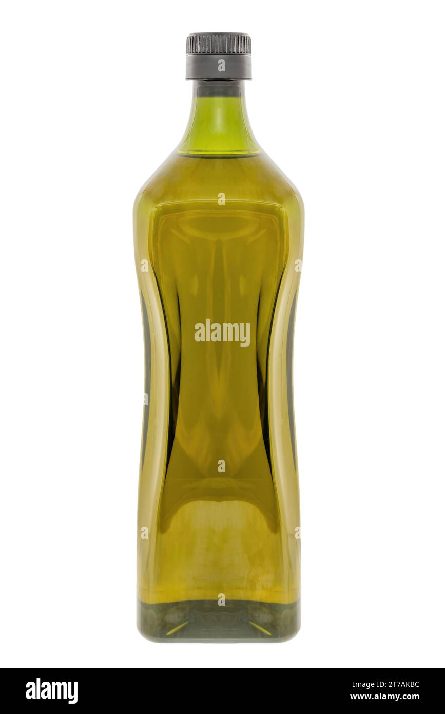 Una botella de aceite de oliva virgen extra de extracción en frío en la extracción en frío, el aceite de oliva se extrae a menos de 27°C (80°F) y consigue AOVE más afrutado y Foto de stock