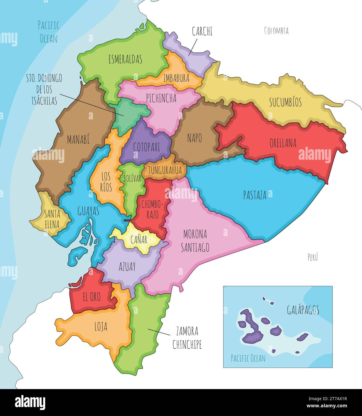 Vector Ilustrado Mapa De Ecuador Con Provincias Y Divisiones Administrativas Y Países Vecinos 