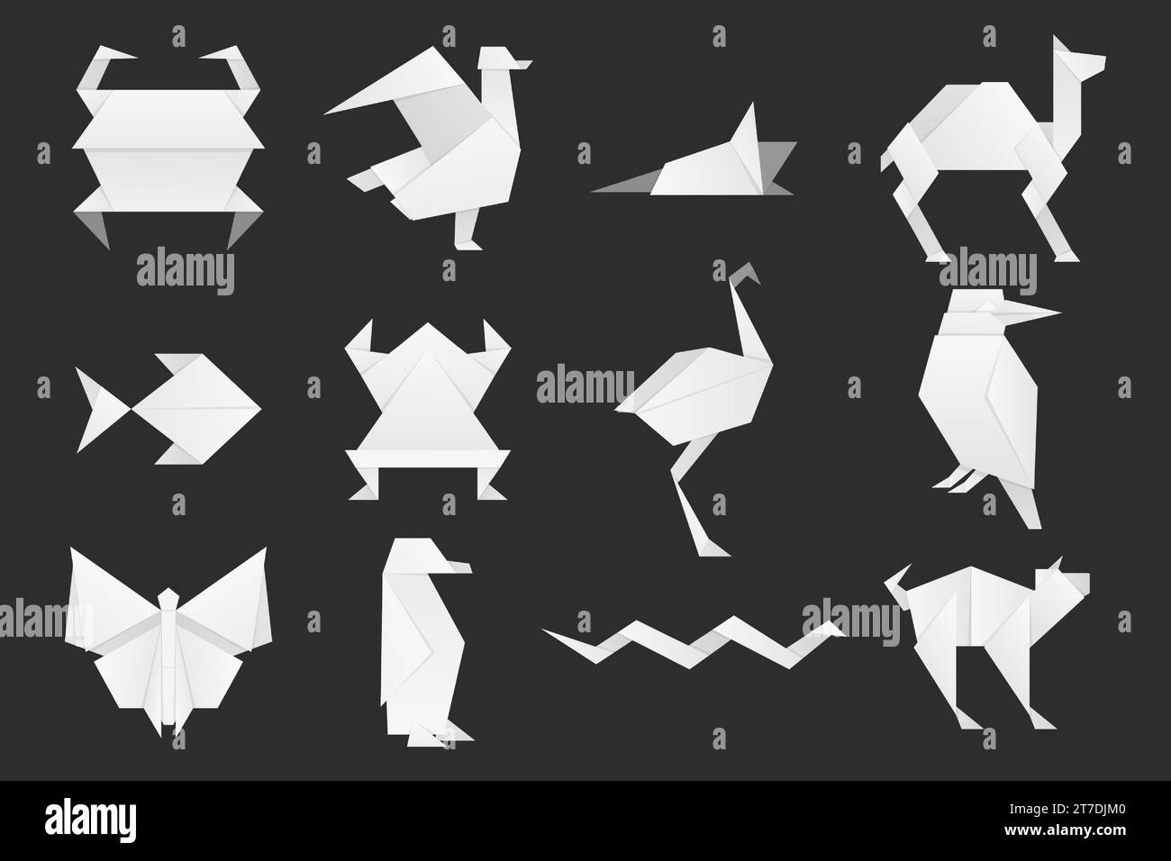 Animales de origami blancos. Lindos animales de origami plegados, tradicional oriental papel arte rana paloma peces cisne camello estilo plano mariposa. Colección de vectores Ilustración del Vector