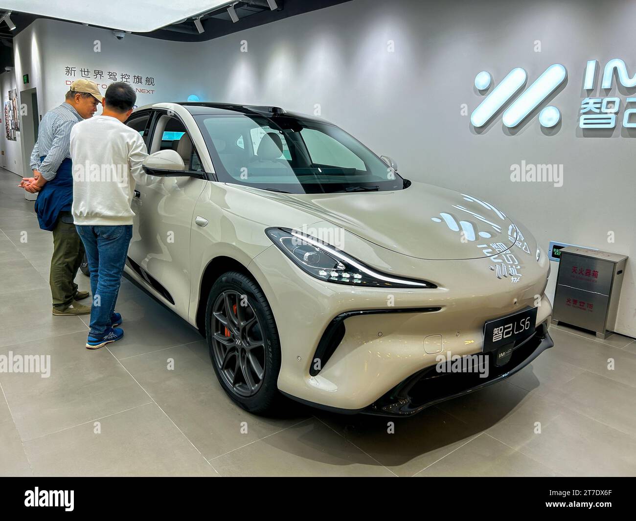 Pekín, China, hombres que compran, dentro de la sala de exposición del coche nuevo, coche eléctrico chino en exhibición, modelo Zhiji LS6, centro comercial Wangfujing, capitalismo de china Foto de stock