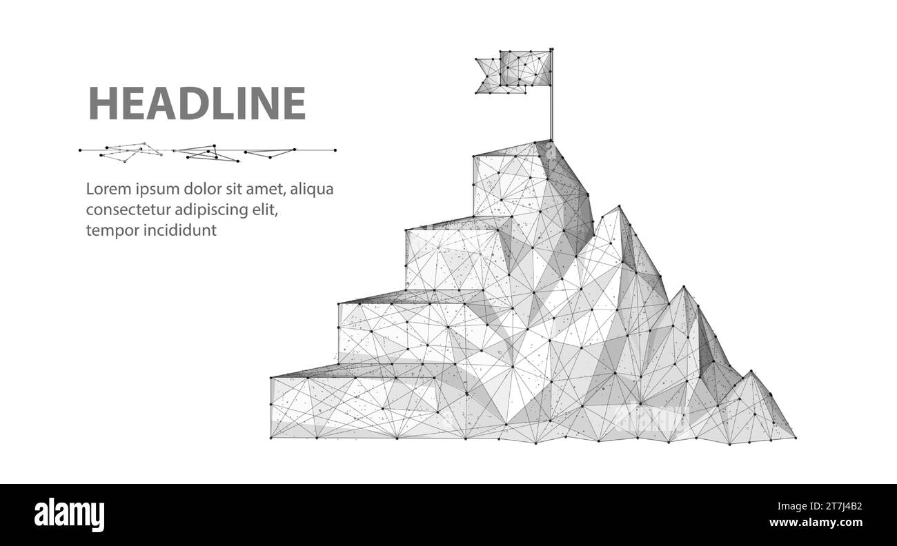 Montaña digital y escalera con bandera en la parte superior. Carta de objetivos de tecnología, camino de liderazgo, tecnología digital Ilustración del Vector