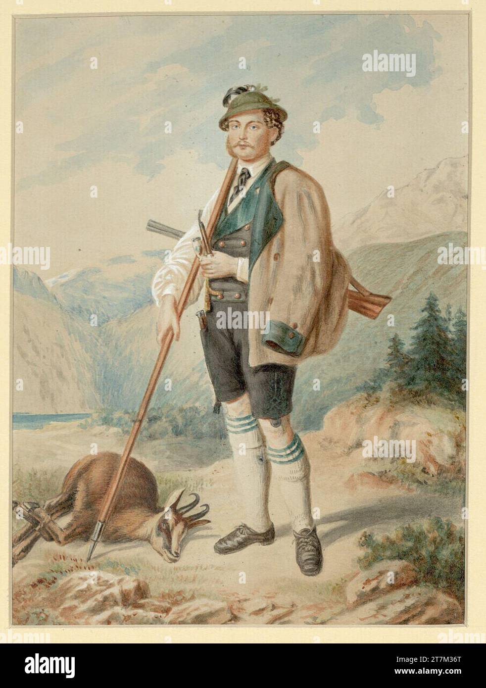 Josef Kriehuber Hunter con un Gemse declarado. Aquarell, deckwhinks, glossholes 1859 , 1859 Foto de stock