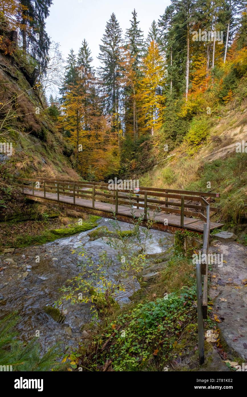 Caminar por el área de recreación local Hausbachklamm cerca de Weiler im Allgaeu en Alemania Foto de stock