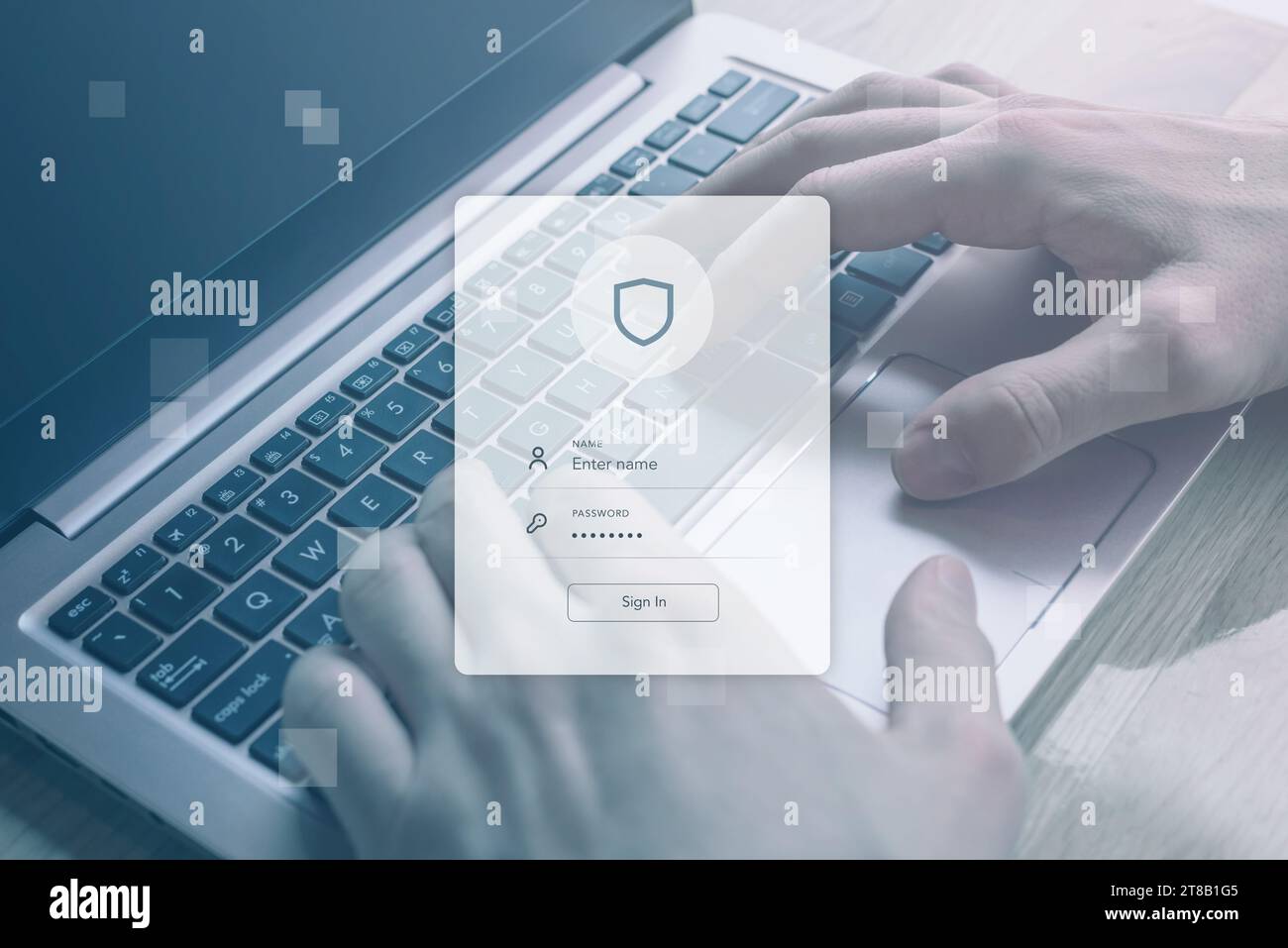 Concepto de formulario de inicio de sesión de autenticación con las manos en una computadora portátil. Integración de seguridad sin fisuras para una tecnología visual limpia y funcional Foto de stock