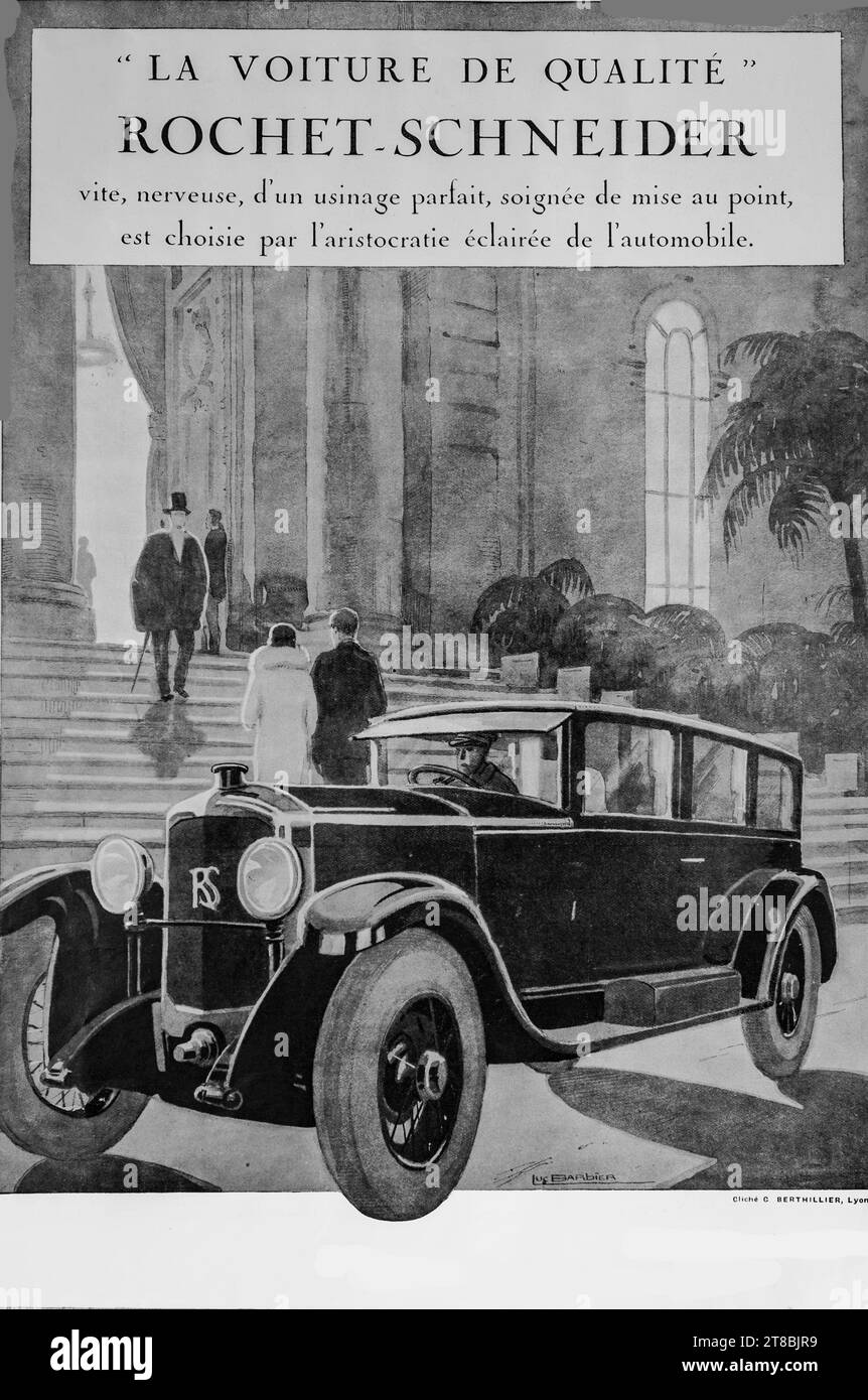 Elegante anuncio en francés vintage de los años 1920 para un coche Rochet-Schneider con un atractivo aristocrático. Foto de stock
