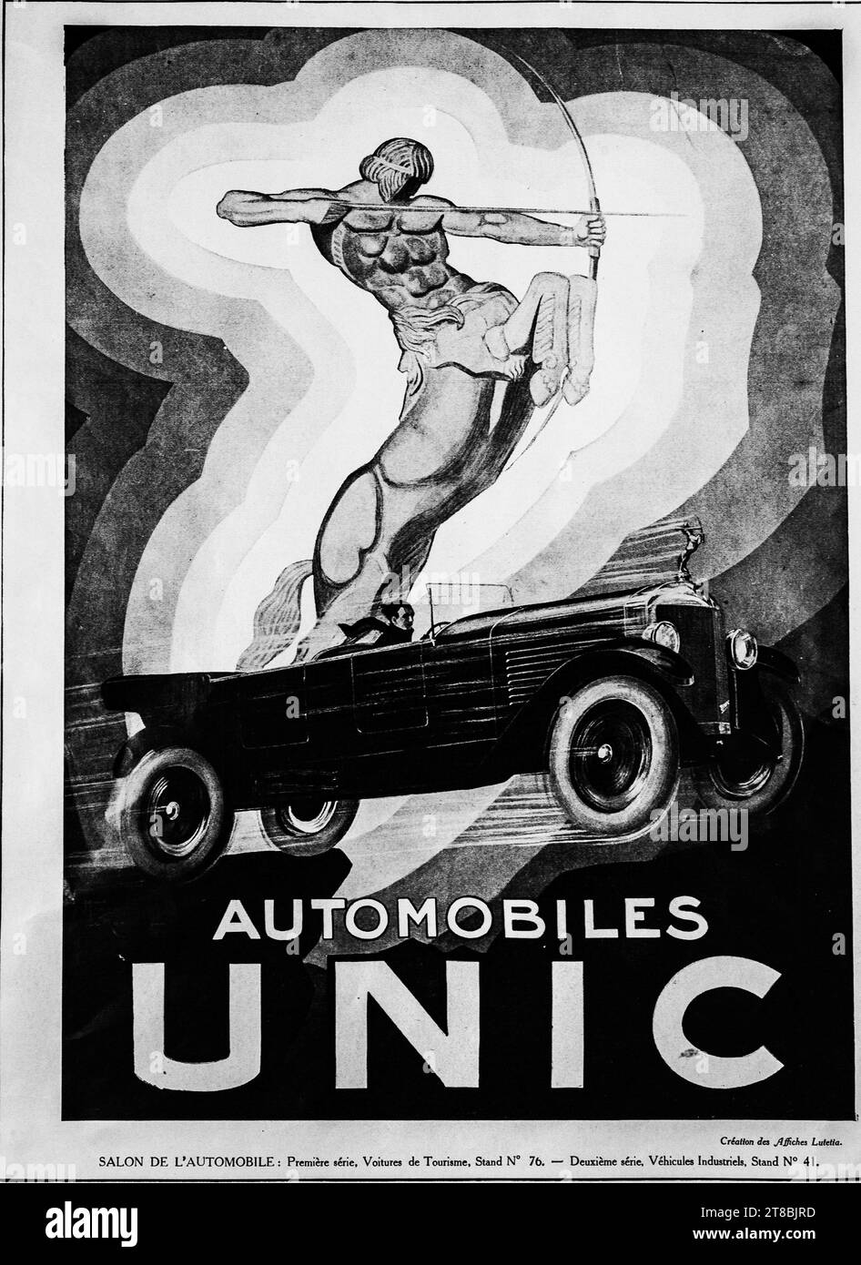Un anuncio de estilo Art Deco vintage de 1926 para un coche Unic. Los coches del Centro de Información de las Naciones Unidas se fabricaron en Francia entre 1905 y 1938. El anuncio muestra una poderosa figura de arquero mítico. Foto de stock