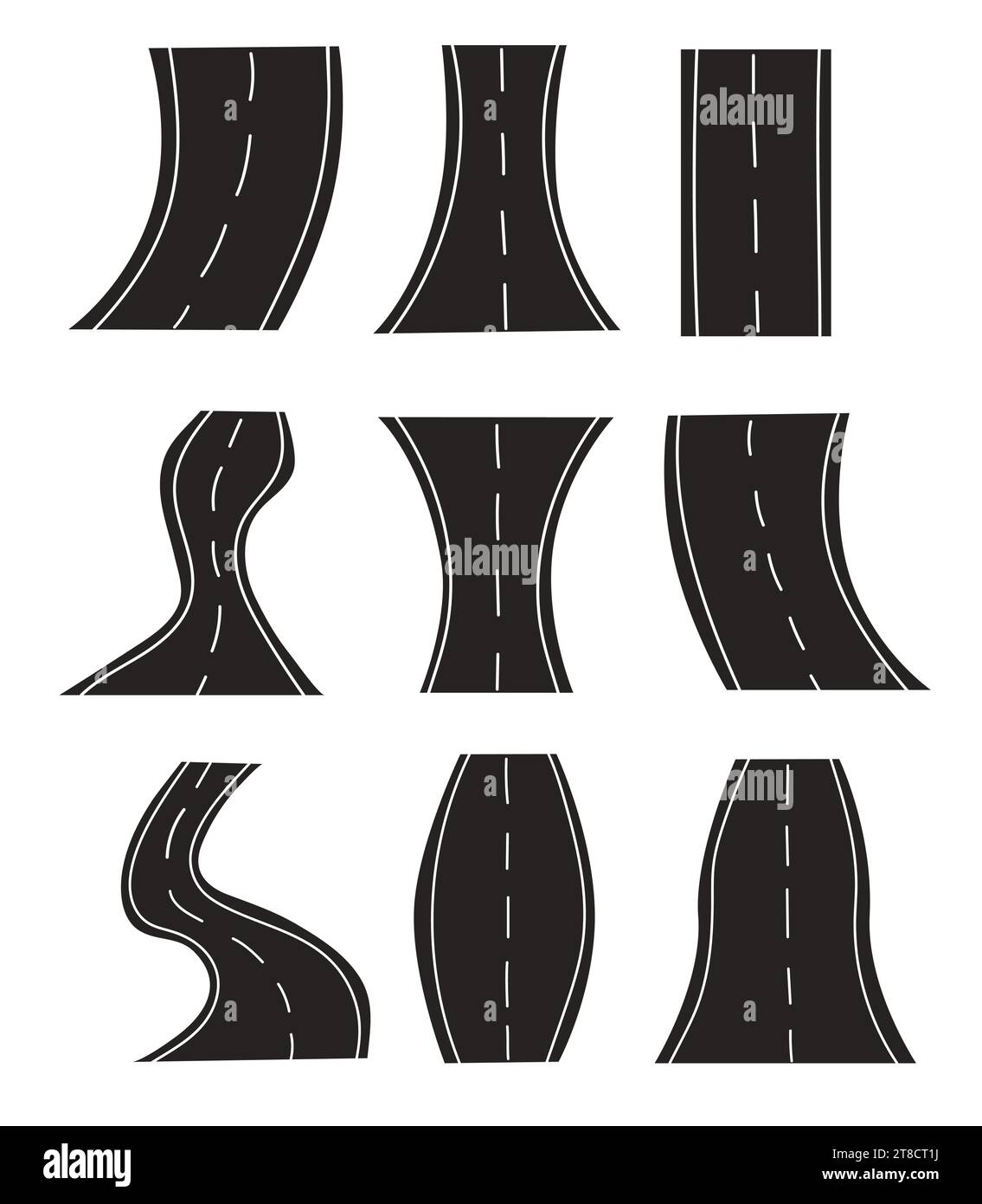 Conjunto de carreteras y autopistas de curvatura aisladas sobre fondo blanco. Logotipo, icono, pegatina, camino de la señal. Vector ilustración plana. Ilustración del Vector