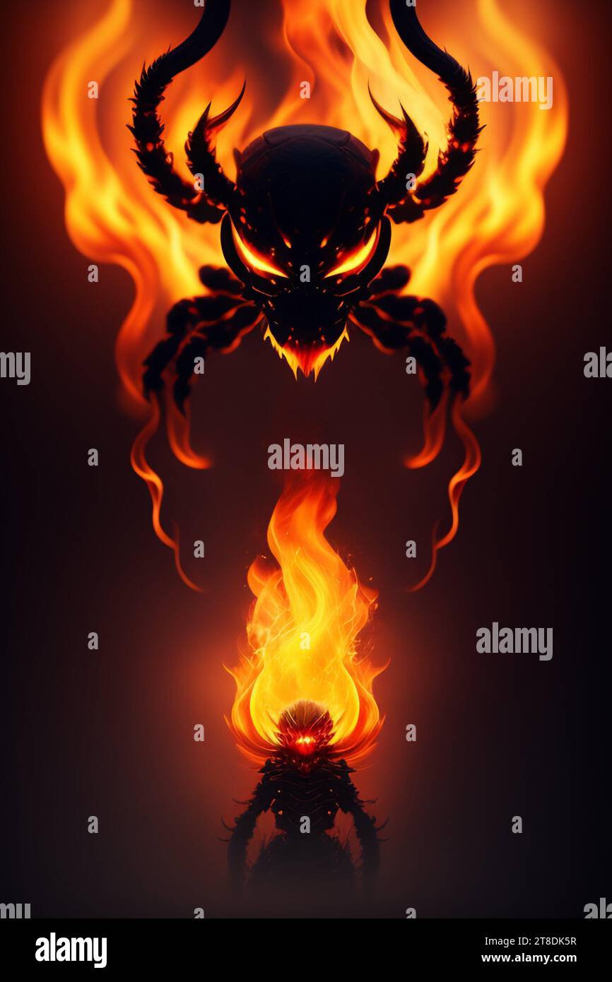 Una imagen de una criatura sobrenatural con alas y piernas de pie frente a un fuego ardiente Foto de stock