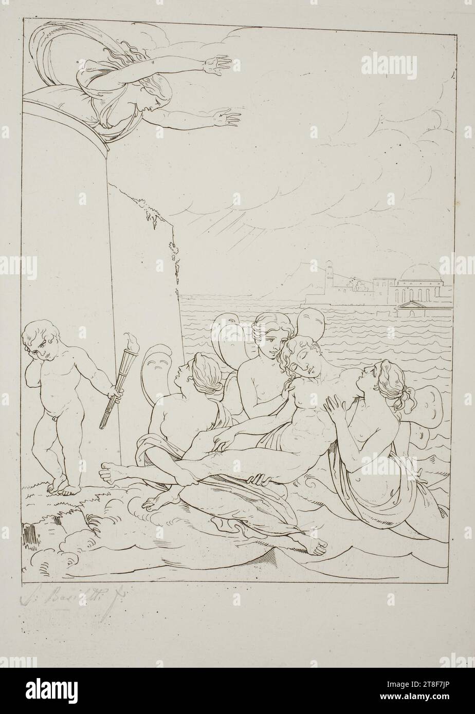 Hero's Grief for the Dead Leander, Luigi Basiletti, 1780-1860, No más tarde que 1860, Arte gráfico, Grabado, Papel, Color, tinta de impresora, Grabado, Impresión, Altura (tamaño de la placa) 190 mm, Altura (tamaño de papel) 405 mm, Ancho (tamaño de la placa) 130 mm, Ancho (tamaño de papel) 290 mm, Diseño gráfico, Europeo Foto de stock