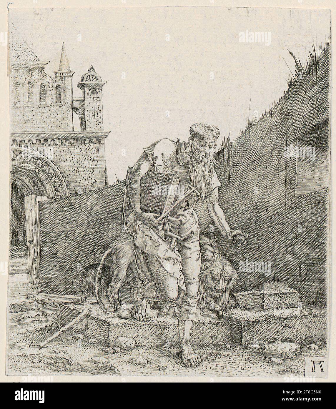 Albrecht Altdorfer (1480 um - 1538), artista, San Jerónimo en la pared, medio de impresión: Circa 1512 - 1515, grabado de la placa de cobre, tamaño de la hoja: 12,0 x 10,5 cm, parte inferior derecha con monograma 'aa Foto de stock