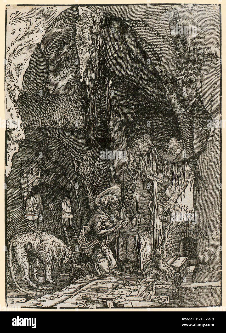 Albrecht Altdorfer (1480 um - 1538), artista, San Jerónimo en la cueva, medio de impresión: Circa 1513 - 1515, madera, tamaño de la hoja: 16,8 x 12,0 cm, centro inferior en la placa con monograma 'aa Foto de stock