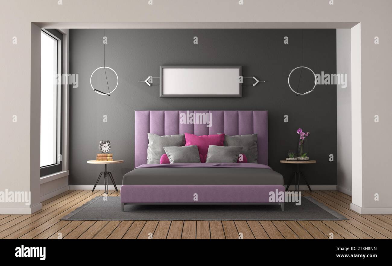 Dormitorio moderno con elegante cama doble púrpura y representación gris de pared-3d. Foto de stock