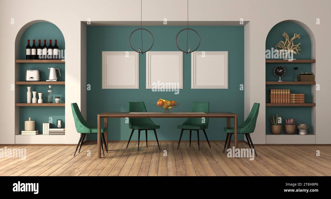 Comedor con mesa de madera, sillas de cuero verde dos nichos con objetos de decoración en una pared verde - representación 3D. Foto de stock