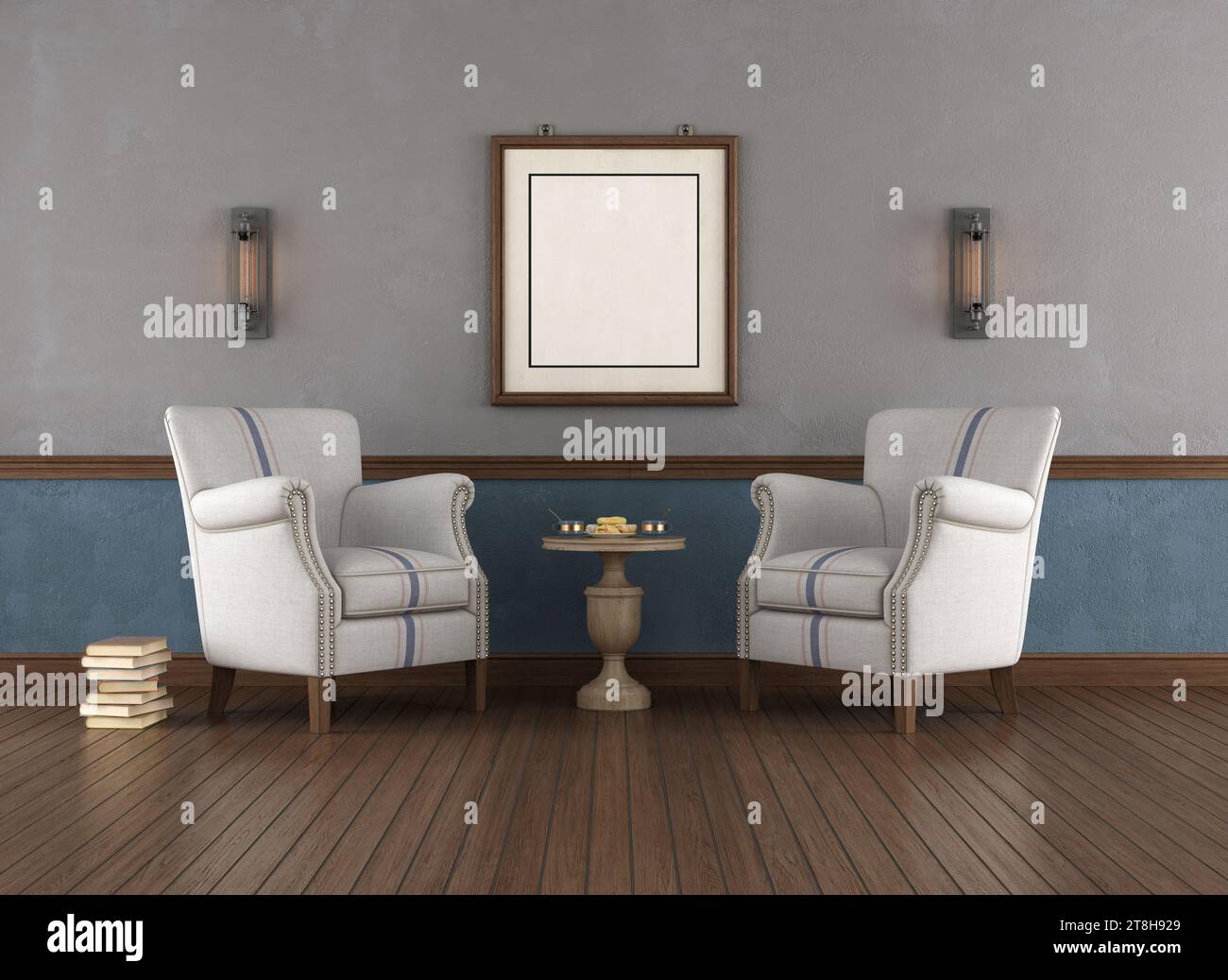 Sala de estar de estilo clásico con sillones y mesa de café en el piso de madera - representación 3D. Foto de stock