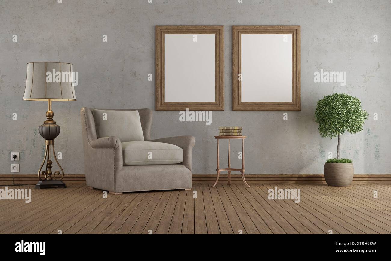 Sala de estar de estilo clásico con sillón de cuero, mesa auxiliar y lámpara de pie - representación 3D. Foto de stock
