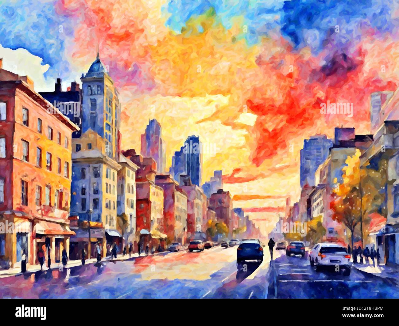 "Una pintura vibrante que captura la energía de la vida urbana." Ilustración del Vector