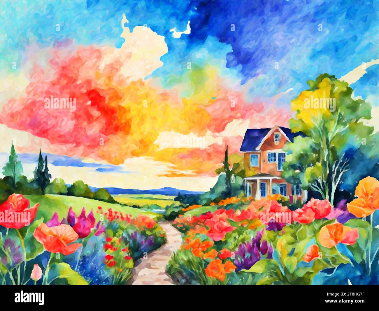 Vistas vibrantes: Spring Garden representa una escena colorida y animada del jardín, llena de una variedad de flores en flor en varios tonos y tamaños. Ilustración del Vector