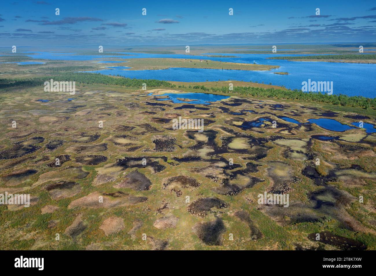 Bog huecos en Saeytsjaervi, vista aérea, Finlandia, Laponia, Kaamanen Foto de stock
