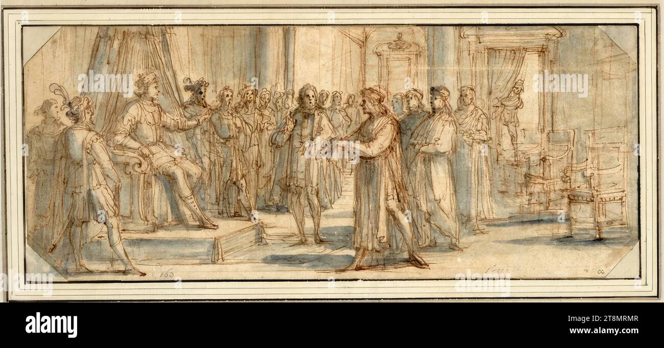 Piero di Gino Capponi, Presidente del Consejo de Estado de Francia, ante el Rey Carlos VIII, Rey de Francia. (Destruye y anula privilegios otorgados por su padre a Luis XI en presencia del rey), Bernardino Poccetti, Gene Poccetti (Florencia 1548 - 1612 San Marino di Valdelsa (Florencia)), 1583-85, dibujo, pluma; rubéola; lavado azul; Las esquinas recortadas, 11,1 x 26,8 cm, r.r. Rogers (L. 625); l.b. Duque Albert de Sajonia-Teschen, abajo a la izquierda en una vieja mano '163'; más a la derecha 'Poce Foto de stock